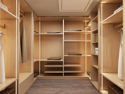 Modern Light Wood Walk In Closet Interior With Shelves And Hangers 3d model