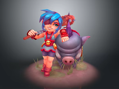Blue Haired One Eyed Character With Weapon Standing By Purple Pig Like Creature 3d model