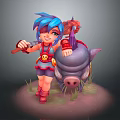 Blue Haired One Eyed Character With Weapon Standing By Purple Pig Like Creature
