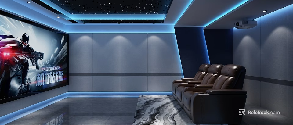 Modern Home Theater Interior Design With Starry Ceiling Blue Lighting And Leather Seats 3d model 