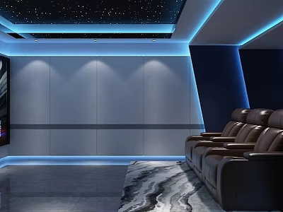 Modern Home Theater Interior Design With Starry Ceiling Blue Lighting And Leather Seats 3d model