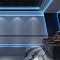 Modern Home Theater Interior Design With Starry Ceiling Blue Lighting And Leather Seats