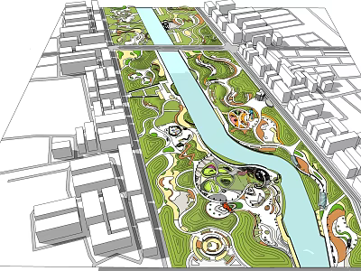Scenic Kids Play Area In Urban Green Park With River And Recreational Zones 3d model