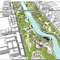 Scenic Kids Play Area In Urban Green Park With River And Recreational Zones