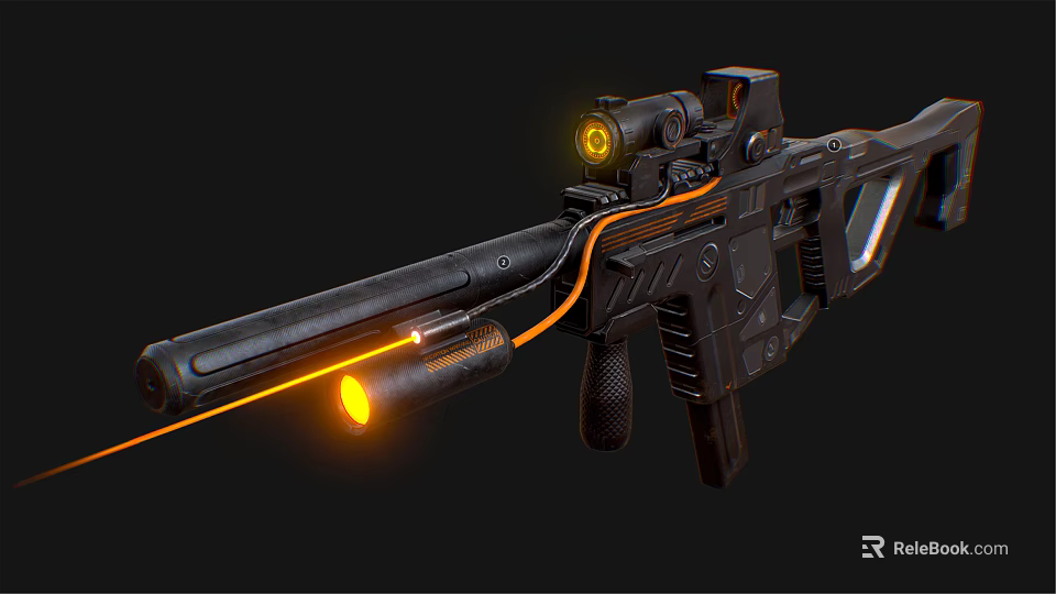 Futuristic Tactical Rifle With Advanced Scope Orange Glowing Elements And Black Ergonomic Design 3d model 