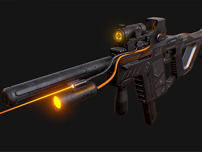 Futuristic Tactical Rifle With Advanced Scope Orange Glowing Elements And Black Ergonomic Design 3d model