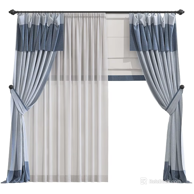 Elegant Blue And White Curtains With Sheer Inner Layer And Decorative Ties 3d model