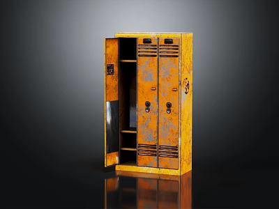 Vintage Yellow Metal Entryway Side Cabinet With Open Door And Interior Storage Shelves 3d model