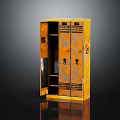 Vintage Yellow Metal Entryway Side Cabinet With Open Door And Interior Storage Shelves