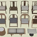 Various Design Leisure Chairs With Wooden Frames Different Backrest Styles And Gray Beige Cushions 3d model