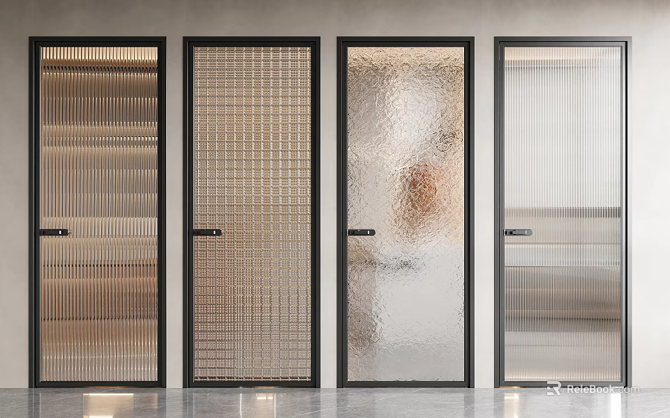 Modern Hinged Doors With Black Frames And Striped Grid Frosted Glass Designs 3d model 