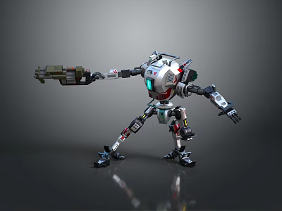 Futuristic Robot Character With Mechanical Weapon Arm And Multi Legs Design 3d model
