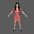 Stylish Woman In Red Short Dress With Puffed Sleeves And Black Heels Standing Gracefully