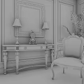 Elegant Console Table with Lamps Antique Clock and Painting in Blue Walls with Red Trim