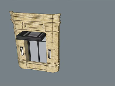 Stone Entrance Door Design With Decorative Frame Side Wall Lamps And Overhead Canopy 3d model