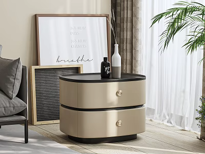 Modern Beige Bedside Table With Two Drawers Black Top Picture Frame And Plant 3d model
