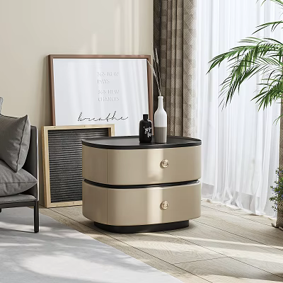 Modern Beige Bedside Table With Two Drawers Black Top Picture Frame And Plant 3d model
