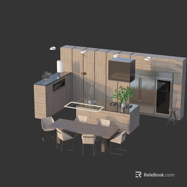 Modern Kitchen With Stylish Cabinets Island Dining Table Chairs And Refrigerator 3d model 