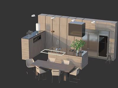Modern Kitchen With Stylish Cabinets Island Dining Table Chairs And Refrigerator 3d model