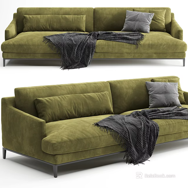Green Velvet Sectional Sofa with Gray Pillows Dark Throw Blanket and Modern Metal Legs Design 3d model 