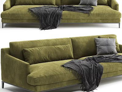 Green Velvet Sectional Sofa with Gray Pillows Dark Throw Blanket and Modern Metal Legs Design 3d model