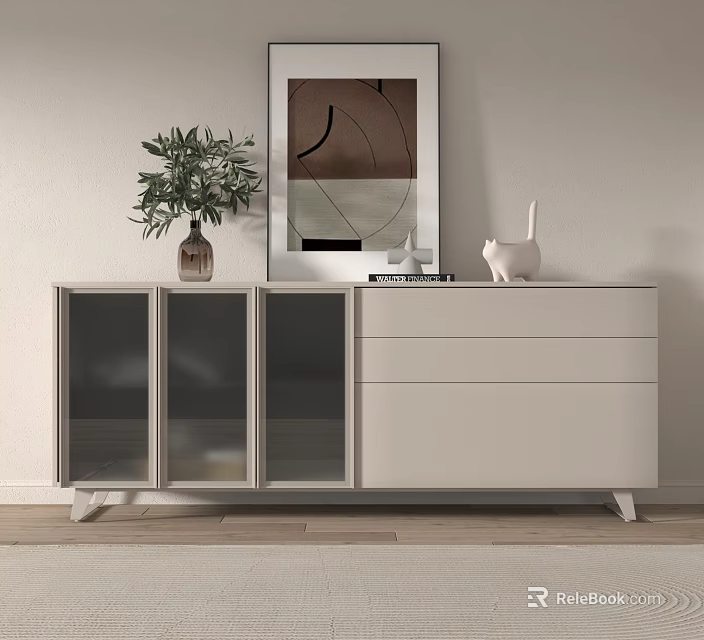 Modern Minimalist Entryway Console Cabinet With Glass Doors Drawers Decorative Plants And Wall Art 3d model 