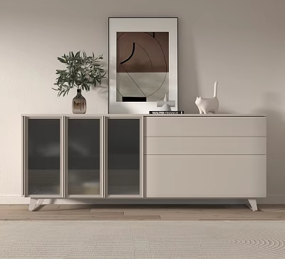 Modern Minimalist Entryway Console Cabinet With Glass Doors Drawers Decorative Plants And Wall Art 3d model