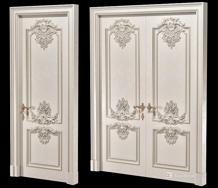 Classic White Double Doors With Ornate Carvings And Gold Door Handles 3d model 