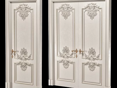Classic White Double Doors With Ornate Carvings And Gold Door Handles 3d model