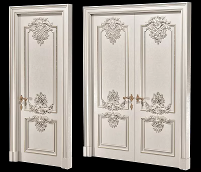 Classic White Double Doors With Ornate Carvings And Gold Door Handles 3d model