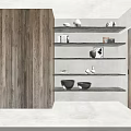 Modern Elevator Hallway Featuring Wooden Walls Gray Shelves Clay Pots Books And Stone Tile Floor
