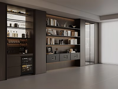 Modern Luxury Built In Wine Cabinet With LED Lighting And Adjacent Book Display Shelves 3d model