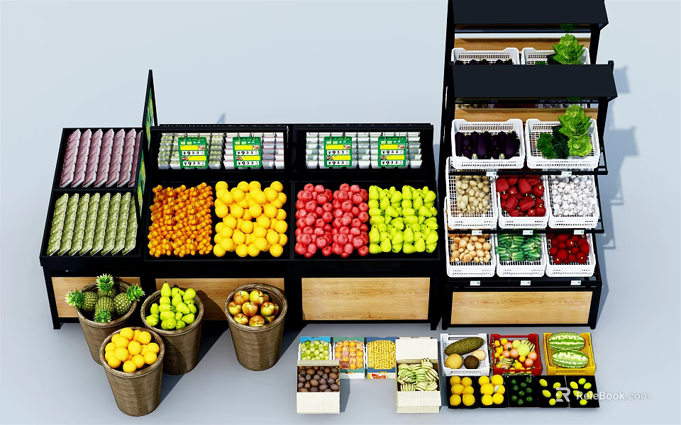 Organized Display Shelves with Fresh Fruits Vegetables in Retail Grocery Store 3d model 
