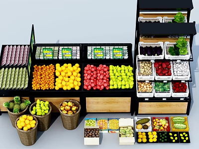 Organized Display Shelves with Fresh Fruits Vegetables in Retail Grocery Store 3d model