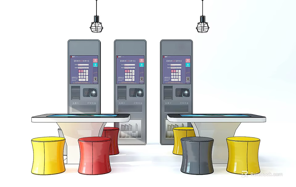 Modern Commercial Self Service Kiosks With Colorful Stools And Tables 3d model 