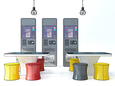Modern Commercial Self Service Kiosks With Colorful Stools And Tables 3d model