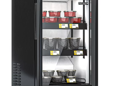 Glass Door Display Freezer With Multiple Shelves Food Containers And Price Labels 3d model