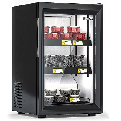 Glass Door Display Freezer With Multiple Shelves Food Containers And Price Labels 3d model