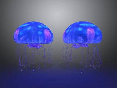 Two Vibrant Blue and Purple Glowing Jellyfish Floating in Dark Background 3d model