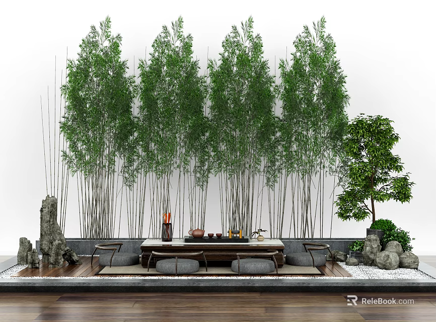 Traditional Tea Table and Chairs with Bamboo Stones and Small Plants in Natural Setting 3d model 