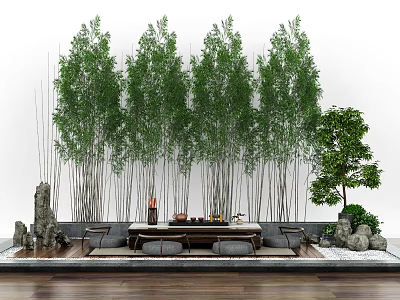 Traditional Tea Table and Chairs with Bamboo Stones and Small Plants in Natural Setting 3d model