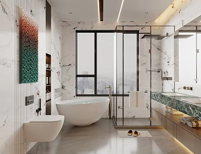 Modern Bathroom With Marble Walls Freestanding Tub Glass Shower Double Vanity And City View Window 3d model