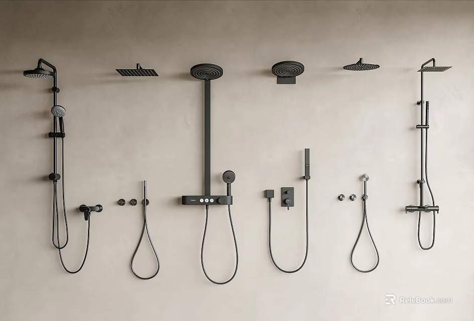 Modern Black Wall Mounted Shower Systems With Various Design Options And Handheld Sprayers 3d model