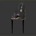 Vintage Wooden Desk Setup With Open Book Bottles Lamp Shelf And Papers
