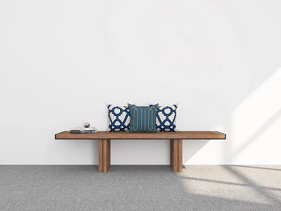Minimalist Interior With Wooden Bench Blue And White Cushions Against White Wall 3d model