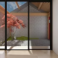 Traditional Chinese Garden with Wooden Roof Glass Doors Red Maple Tree and Gravel Ground