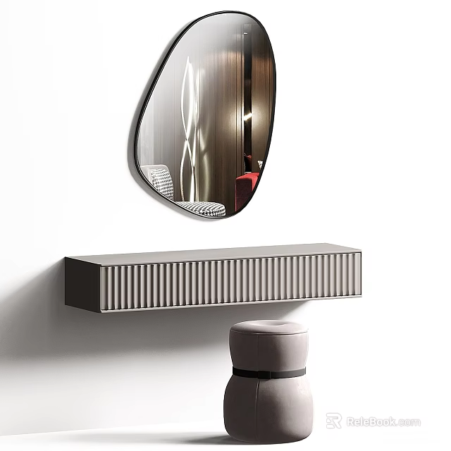 Modern Wall Mounted Dressing Table Design With Oval Mirror And Stool 3d model