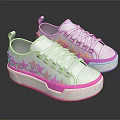 White and Pink Low Top Casual Sneakers with Pink Star Patterns and Platform Sole