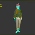 Barefoot Human Character In Green Sweater Red Scarf With Headphones And Gray Pants