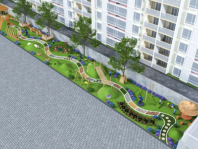 Kindergarten Outdoor Playground With Green Lawn Pathways Trees And Flowers Near Apartment Buildings 3d model